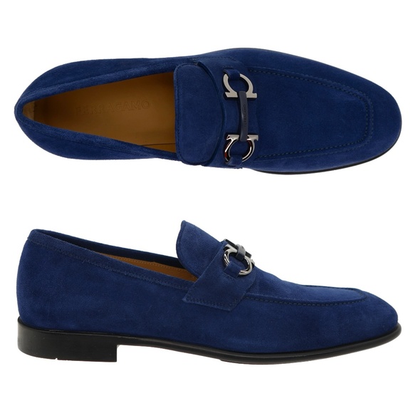 Salvatore Ferragamo Foster Gancini Loafers Indigo Suede Leather Size 12 New - Picture 1 of 7